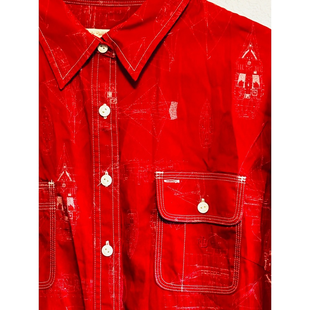 Lauren Ralph Lauren Red Nautical Blueprint Sailboat Button Down Shirt 2X LRL - Picture 3 of 8